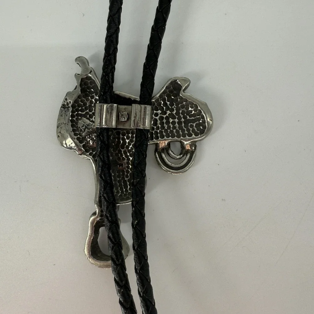 Lebow Western Saddle Bolo‎ Tie Silver Tone Mens Black Braided Cord Tips Cowboy